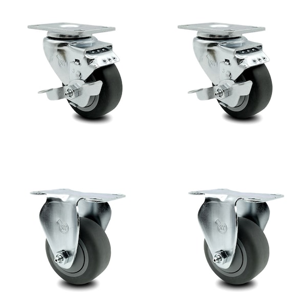 Service Caster 3.5 Inch Thermoplastic Rubber Swivel Top Plate Caster Set with 2 Brake 2 Rigid SCC-20S3514-TPRB-TLB-TP2-2-R-2 - main
